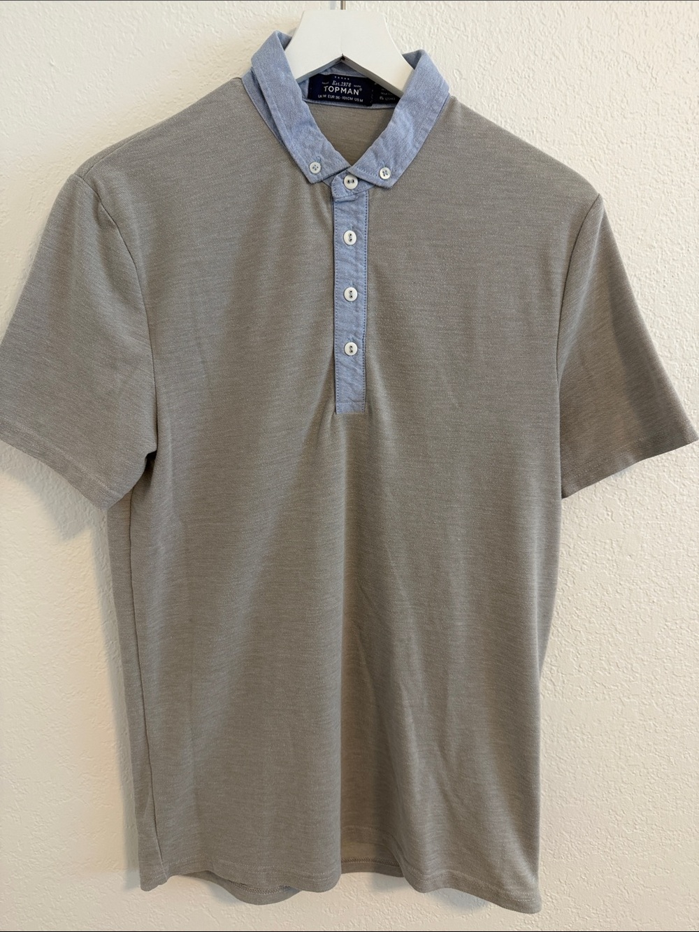 Topman Grey Polo with Light Blue Contrast Collar